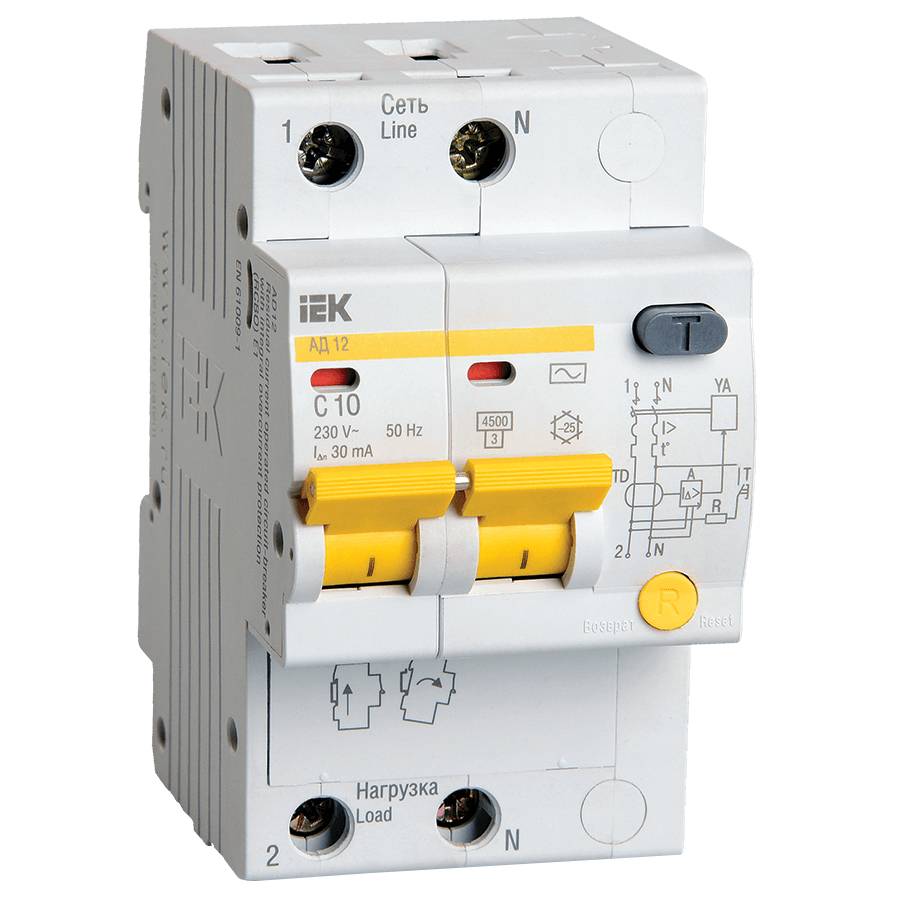Автоматический выключатель дифференциального тока двухполюсный IEK АД12 С 4.5кА 2P 10А, ток утечки 30 мА переменный, сила тока 10 А