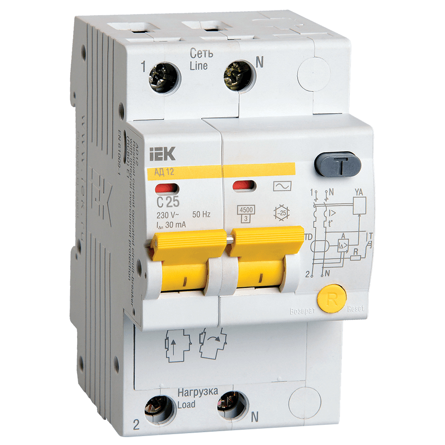 Автоматический выключатель дифференциального тока двухполюсный IEK АД12 С 4.5кА 2P 25А, ток утечки 30 мА переменный, сила тока 25 А