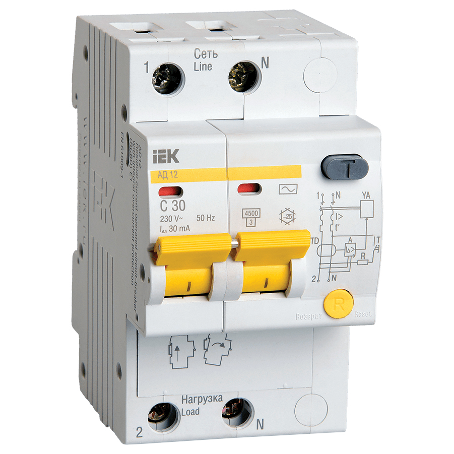 Автоматический выключатель дифференциального тока двухполюсный IEK АД12 С 4.5кА 2P 32А, ток утечки 30 мА переменный, сила тока 32 А