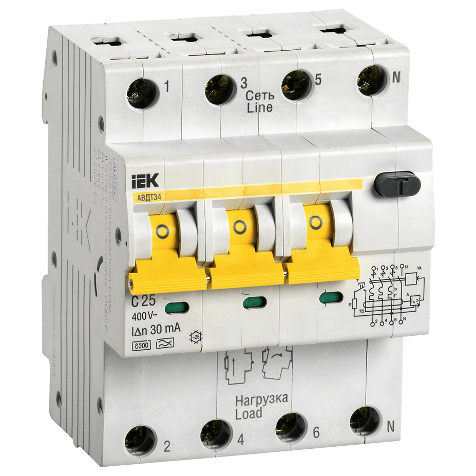 Автоматический выключатель дифференциального тока четрыхполюсный IEK АВДТ 34 С 6кА 3P+N 25А, ток утечки 30 мА переменный, сила тока 25 А