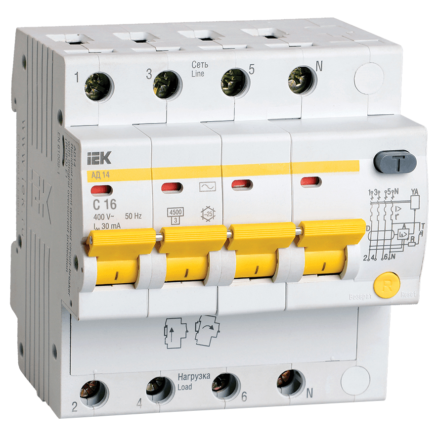 Автоматический выключатель дифференциального тока четрыхполюсный IEK АД 14 С 4.5кА 4P 16А, ток утечки 30 мА переменный, сила тока 16 А