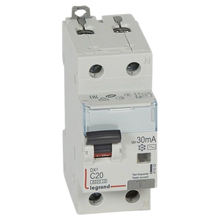 Автоматический выключатель дифференциального тока двухполюсный Legrand DX3 C20 AC30 2P 20 А 10кА, ток утечки 30 мА переменный, сила тока 20 А, отключающая способность 10 kА