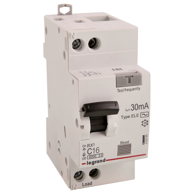 Автоматический выключатель дифференциального тока двухполюсный Legrand RX3 C16 AC30 1P+N 16 А 6кА, ток утечки 30 мА переменный, сила тока 16 А, отключающая способность 6 kА