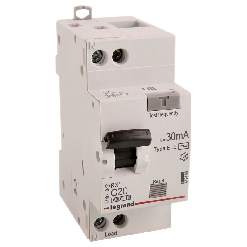 Автоматический выключатель дифференциального тока двухполюсный Legrand RX3 C20 AC30 1P+N 20 А 6кА, ток утечки 30 мА переменный, сила тока 20 А, отключающая способность 6 kА