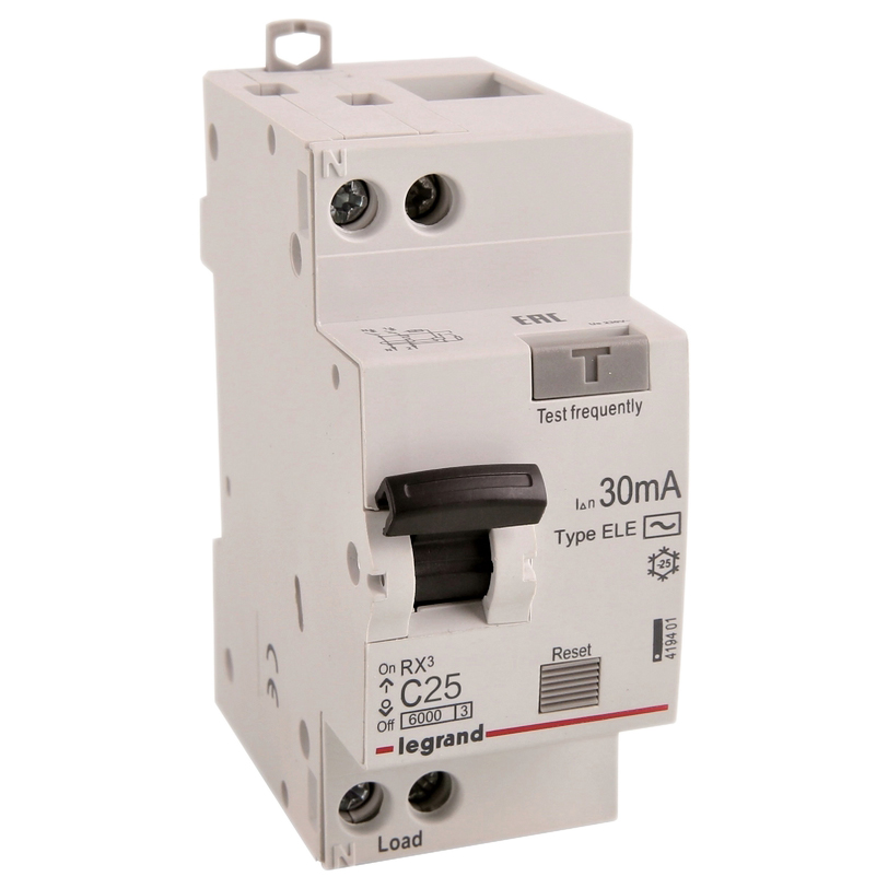 Автоматический выключатель дифференциального тока двухполюсный Legrand RX3 C25 AC30 1P+N 25 А 6кА, ток утечки 30 мА переменный, сила тока 25 А, отключающая способность 6 kА