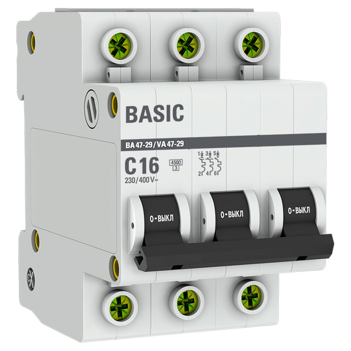 Автоматический выключатель трехполюсный EKF Basic ВА47-29 3P 16А (С) 4.5kА, сила тока 16 А, тип расцепления С, отключающая способность 4.5 kА