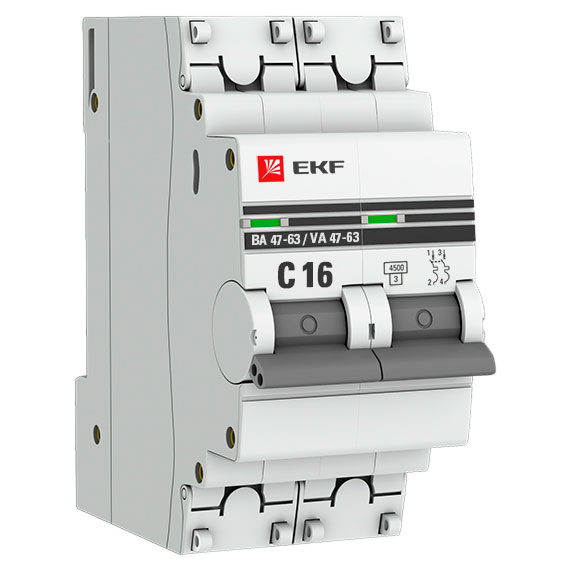 Автоматический выключатель двухполюсный EKF PROxima ВА47-63 2P 16А (С) 4.5kА, сила тока 16 А, тип расцепления C, отключающая способность 4.5 kА
