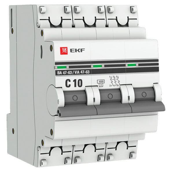Автоматический выключатель трехполюсный EKF PROxima ВА47-63 3P 10А (С) 4.5kА, сила тока 10 А, тип расцепления C, отключающая способность 4.5 kА