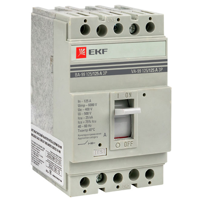 Автоматический выключатель трехполюсный EKF PROxima ВА-99 3P 125А 25kА, сила тока 125 А, отключающая способность 25 kА