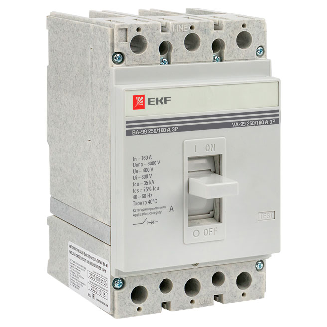 Автоматический выключатель трехполюсный EKF PROxima ВА-99 3P 250/160А 35kА, сила тока 160 А, отключающая способность 35 kА