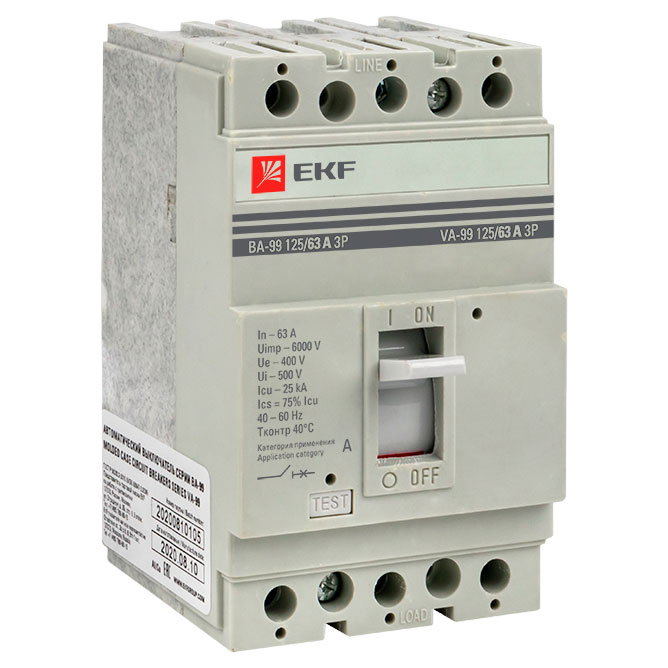 Автоматический выключатель трехполюсный EKF PROxima ВА-99 3P 63А 25kА, сила тока 63 А, отключающая способность 25 kА