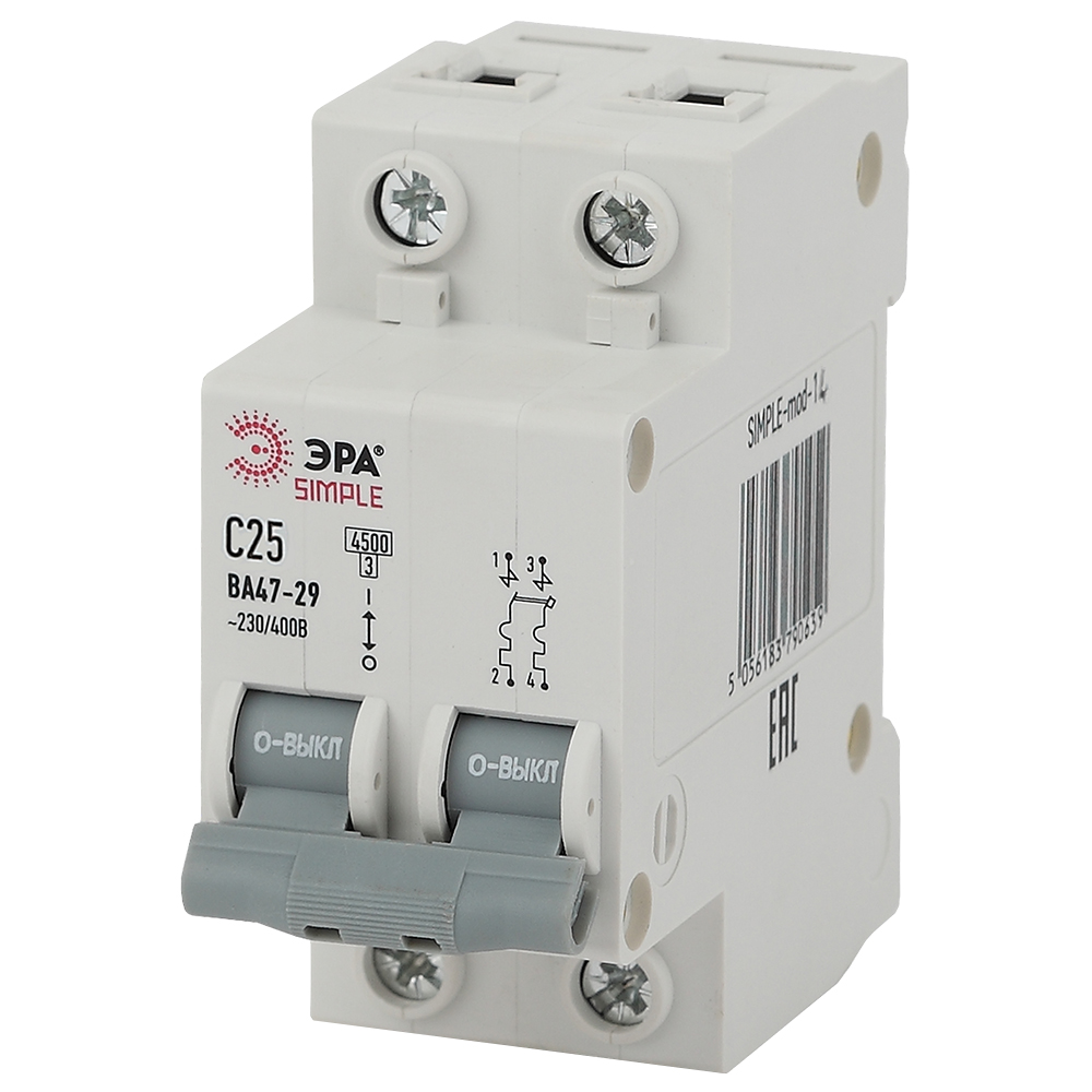 Автоматический выключатель переменного тока двухполюсный ЭРА ВА47-29 SIMPLE 2P 25A (C) 4.5kA, тип расцепления C, сила тока 25 А