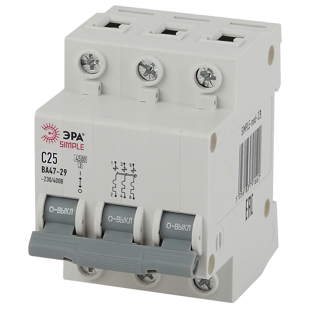 Автоматический выключатель переменного тока трехполюсный ЭРА ВА47-29 SIMPLE 3P 25A (C) 4.5kA, тип расцепления C, сила тока 25 А