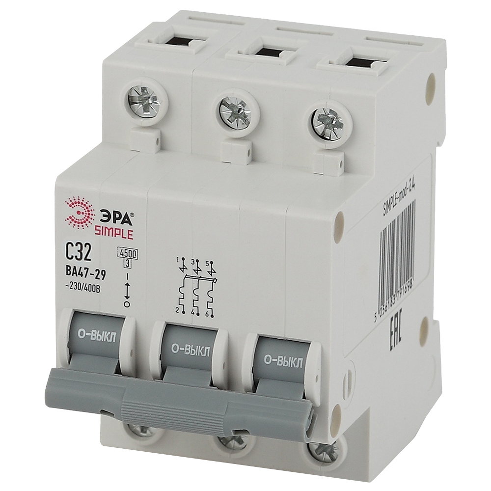 Автоматический выключатель переменного тока трехполюсный ЭРА ВА47-29 SIMPLE 3P 32A (C) 4.5kA, тип расцепления C, сила тока 32 А