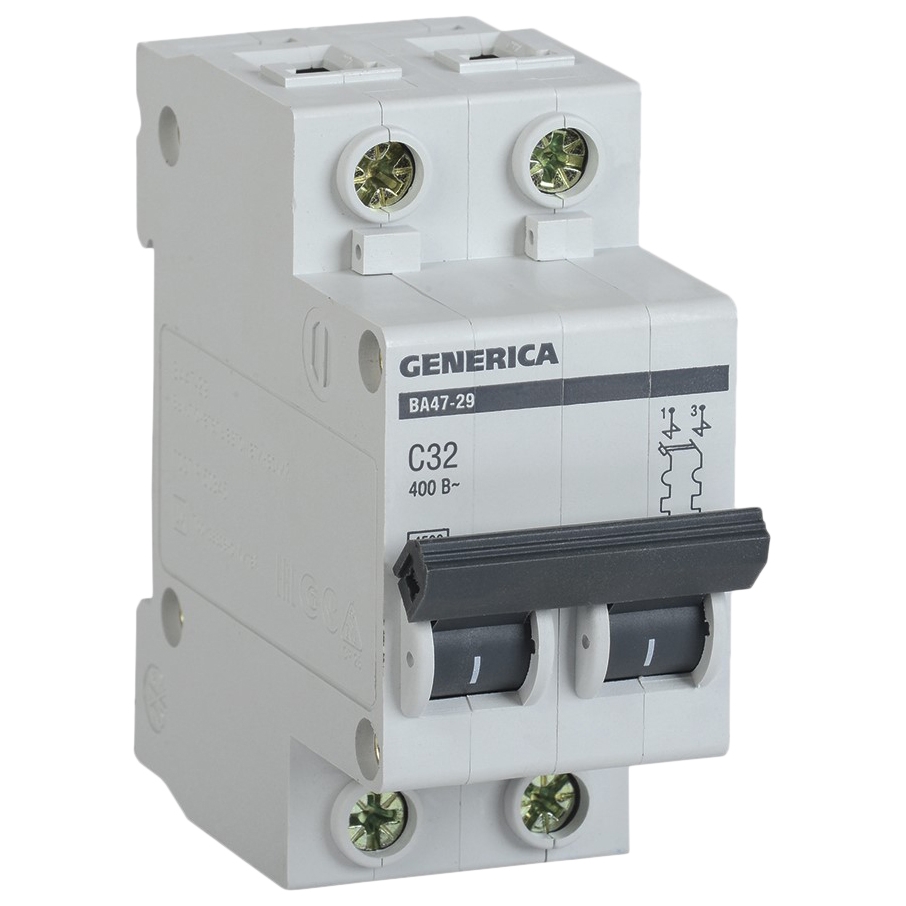 Автоматический выключатель двухполюсныйIEK Generica ВА47-29 2Р 32А (C) 4.5кА, переменный/постоянный, сила тока 32 А