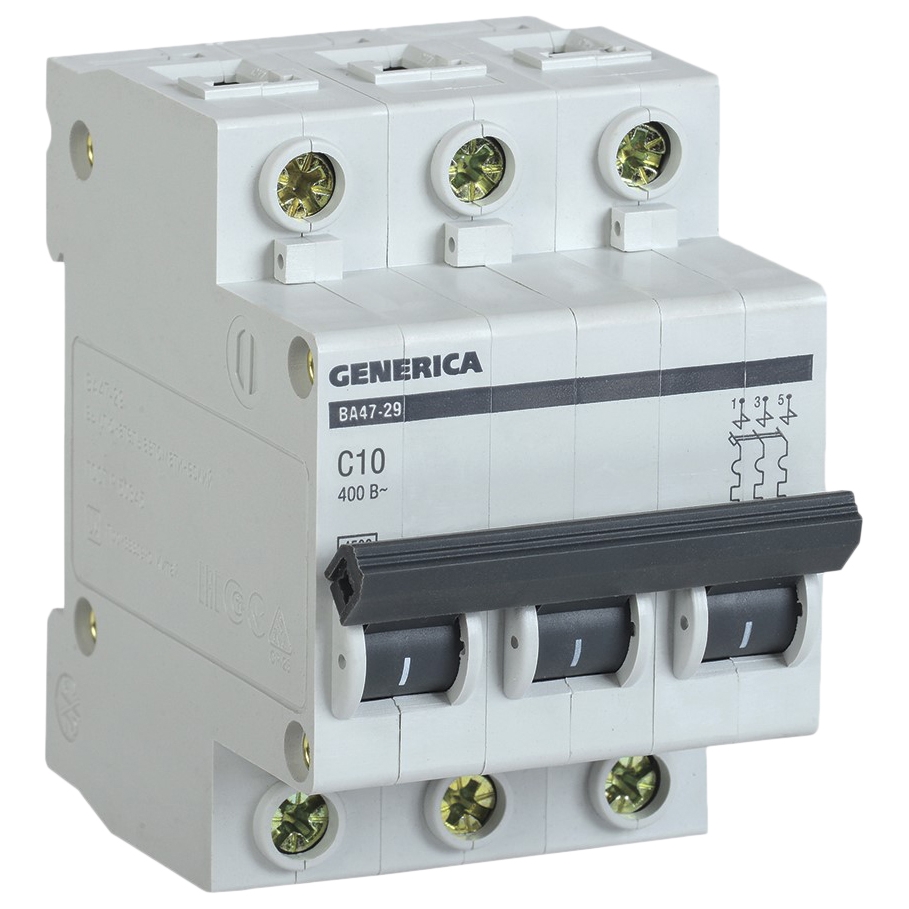 Автоматический выключатель трехполюсный IEK Generica ВА47-29 3Р 10А (C) 4.5кА, переменный/постоянный, сила тока 10 А