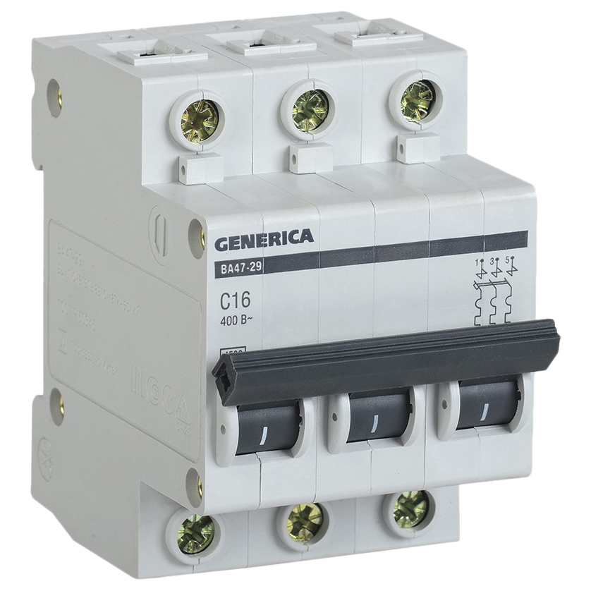 Автоматический выключатель трехполюсный IEK Generica ВА47-29 3Р 16А (C) 4.5кА, переменный/постоянный, сила тока 16 А