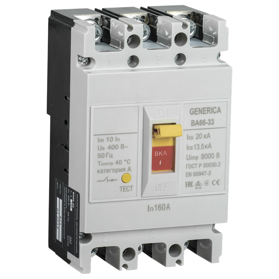 Автоматический выключатель трехполюсный IEK Generica ВА66-33 3Р 160А 20кА, переменный, сила тока 160 А