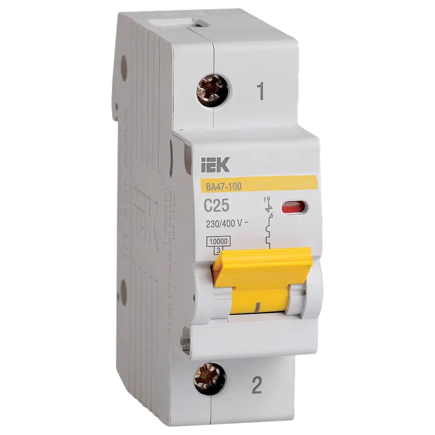 Автоматический выключатель однополюсный IEK ВА47-100 1Р 25А (С) 10кА, переменный/постоянный, сила тока 25 А