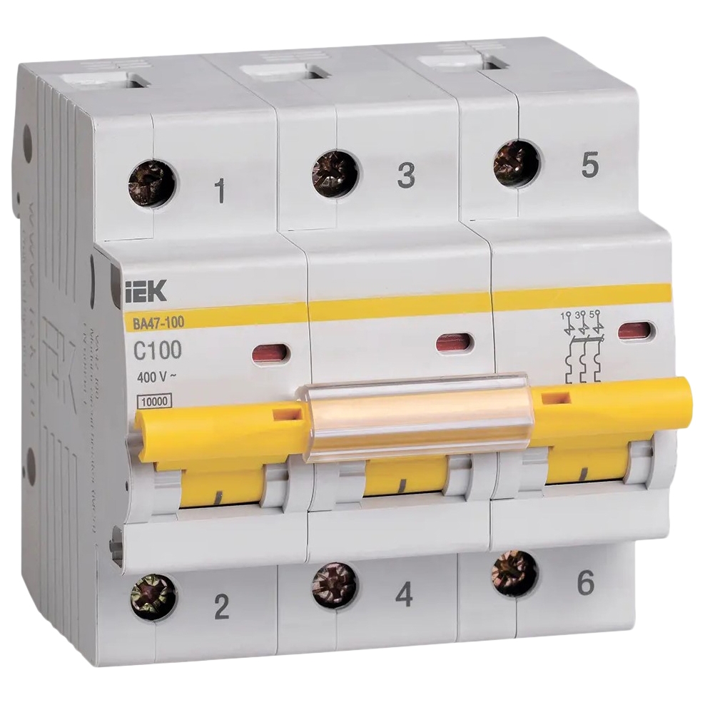 Автоматический выключатель трехполюсный IEK ВА47-100 3Р 100А (C) 10кА, переменный/постоянный, сила тока 100 А