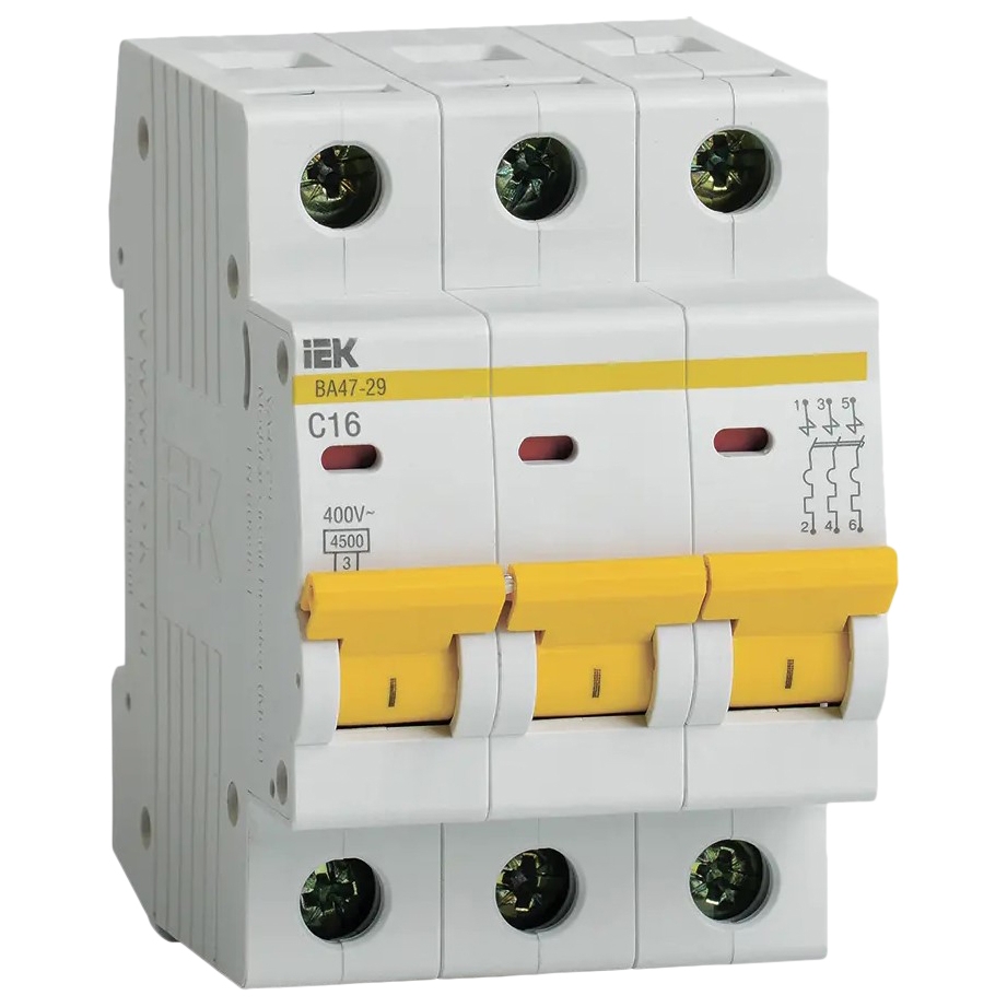 Автоматический выключатель трехполюсный IEK ВА47-29 3Р 16А (C) 4.5кА, переменный/постоянный, сила тока 16 А