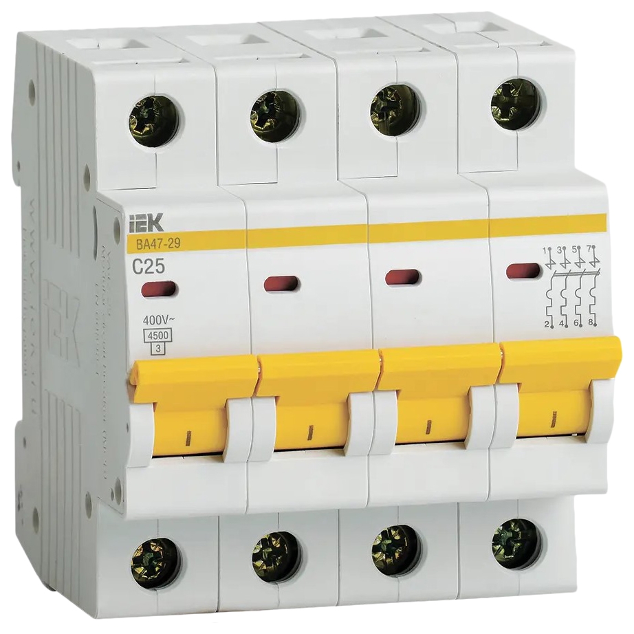 Автоматический выключатель четрыхполюсный IEK ВА47-29 4Р 25А (C) 4.5кА, переменный/постоянный ток, сила тока 25 А