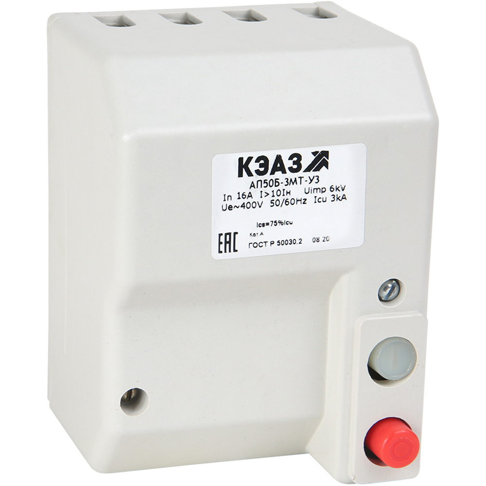 Автоматический выключатель переменного тока трехполюсный КЭАЗ АП50Б-3МТ 3P 16A 3kA, сила тока 16 А, отключающая способность 3 kA