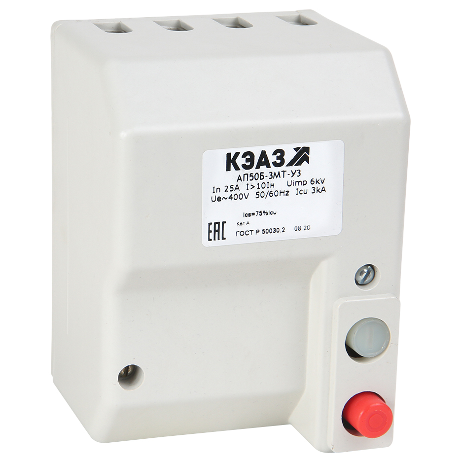 Автоматический выключатель переменного тока трехполюсный КЭАЗ АП50Б-3МТ 3P 25A 3kA, сила тока 25 А, отключающая способность 3 kA