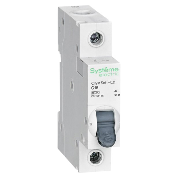 Автоматический выключатель однополюсный Systeme Electric City9 Set 1Р 16А (C) 4.5кА, сила тока 16 А, переменный, тип расцепления C, отключающая способность 4.5 kА