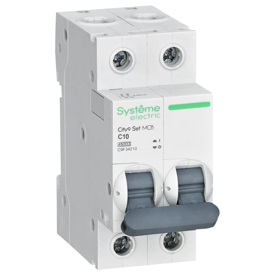 Автоматический выключатель двухполюсный Systeme Electric City9 Set 2Р 10А (C) 4.5кА, сила тока 10 А, переменный, тип расцепления C, отключающая способность 4.5 kА