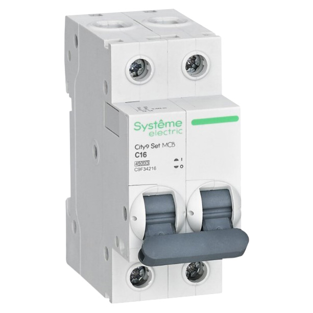 Автоматический выключатель двухполюсный Systeme Electric City9 Set 2Р 16А (C) 4.5кА, сила тока 16 А, переменный, тип расцепления C, отключающая способность 4.5 kА