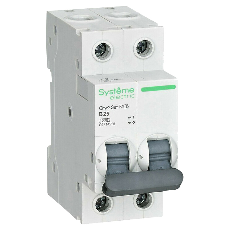 Автоматический выключатель двухполюсный Systeme Electric City9 Set 2Р 25А (B) 4.5кА, сила тока 25 А, тип расцепления B, переменный, отключающая способность 4.5 kА