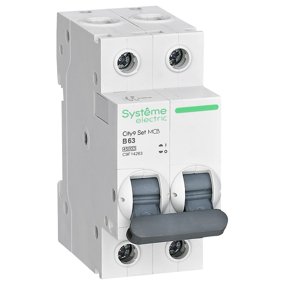Автоматический выключатель двухполюсный Systeme Electric City9 Set 2P 63А 4.5кА (B), сила тока 63А, тип расцепления B, переменный, отключающая способность 4.5 kА