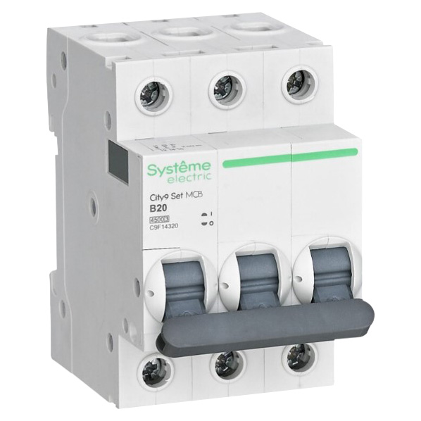 Автоматический выключатель трехполюсный Systeme Electric City9 Set 3Р 10А (B) 4.5кА, сила тока 10 А, переменный, тип расцепления B, отключающая способность 4.5 kА