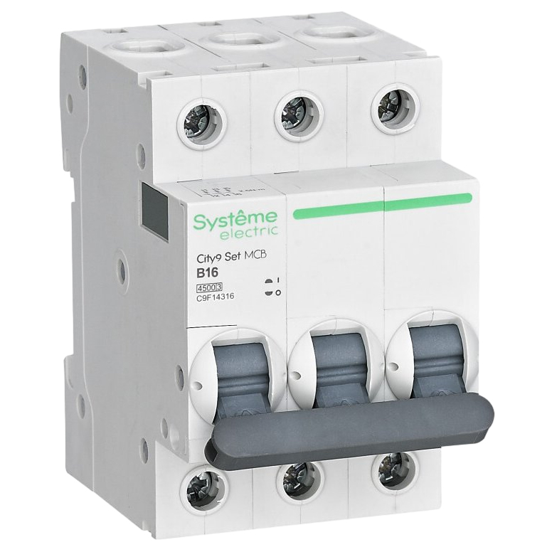 Автоматический выключатель переменного тока трехполюсный Systeme Electric City9 Set 3P 6A (B) 4.5kA, тип расцепления B, сила тока 6 А