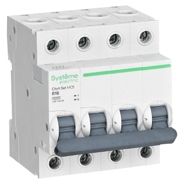 Автоматический выключатель четырехполюсный Systeme Electric City9 Set 4Р 16А (B) 4.5кА, сила тока 16 А, переменный, тип расцепления B, отключающая способность 4.5 kА