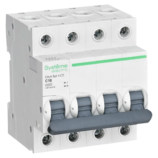 Автоматический выключатель четырехполюсный Systeme Electric City9 Set 4Р 16А (C) 4.5кА, сила тока 16 А, переменный, тип расцепления C, отключающая способность 4.5 kА