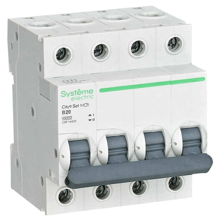 Автоматический выключатель четырехполюсный Systeme Electric City9 Set 4Р 20А (B) 4.5кА, сила тока 20 А, тип расцепления B, переменный, отключающая способность 4.5 kА
