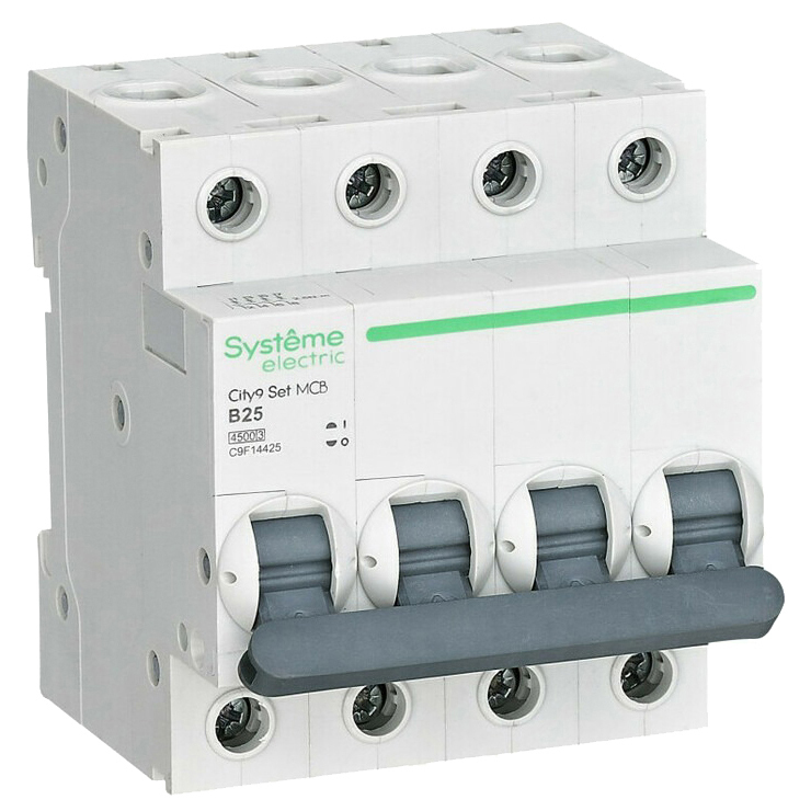 Автоматический выключатель четырехполюсный Systeme Electric City9 Set 4Р 25А (B) 4.5кА, сила тока 25 А, тип расцепления B, переменный, отключающая способность 4.5 kА
