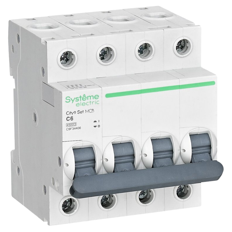 Автоматический выключатель переменного тока четрыхполюсный Systeme Electric City9 Set 4P 6A (C) 4.5kA, тип расцепления C, сила тока 6 А