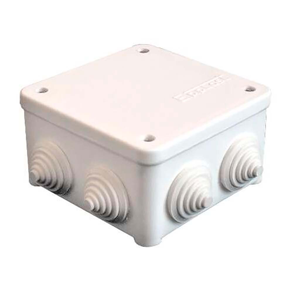 Коробка распределительная E.p.plast для открытой проводки 85х85х45 мм, 7 вводов, IP54, с кабельными муфтами, крышкой на винтах, белая