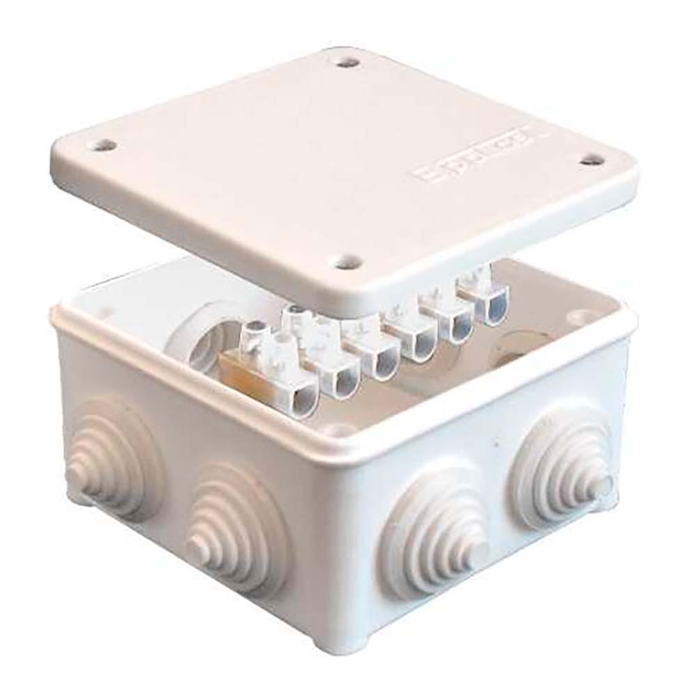 Коробка распределительная E.p.plast для открытой проводки 85х85х45 мм, 7 вводов, IP54, с кабельными муфтами, клеммной колодкой, крышкой на винтах, белая