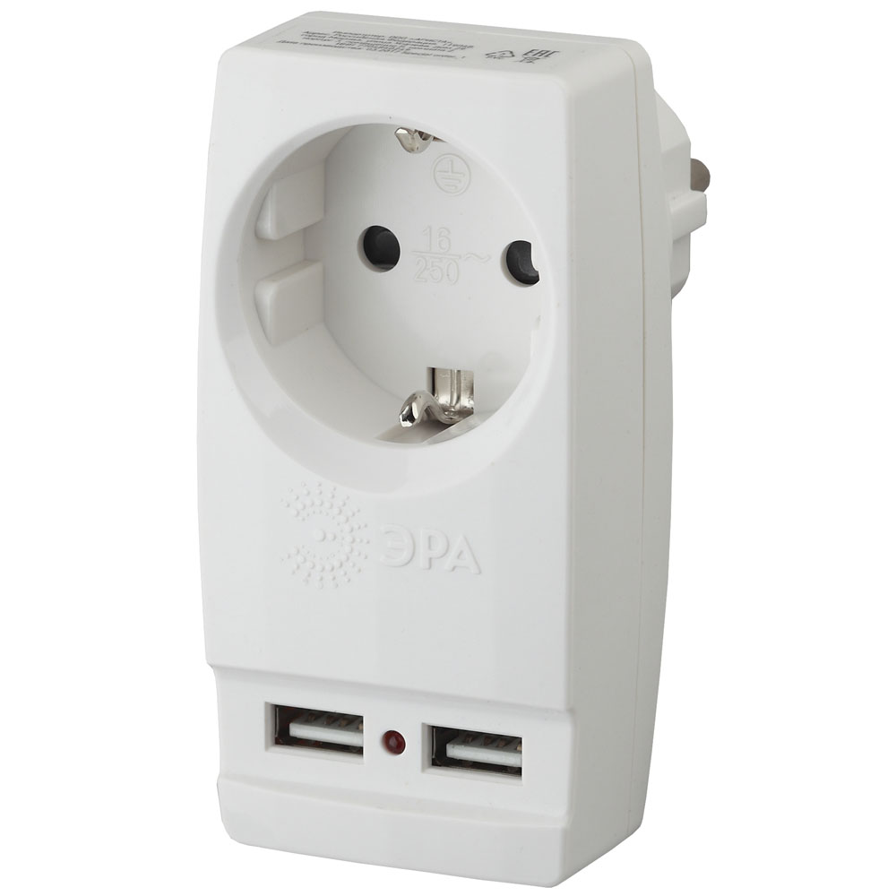 Адаптер сетевой ЭРА SP-e-USB-W 220 В, 16 А, 3500 Вт, 1 розетка, 2 порта USB 2.0, с заземлением, цвет - белый