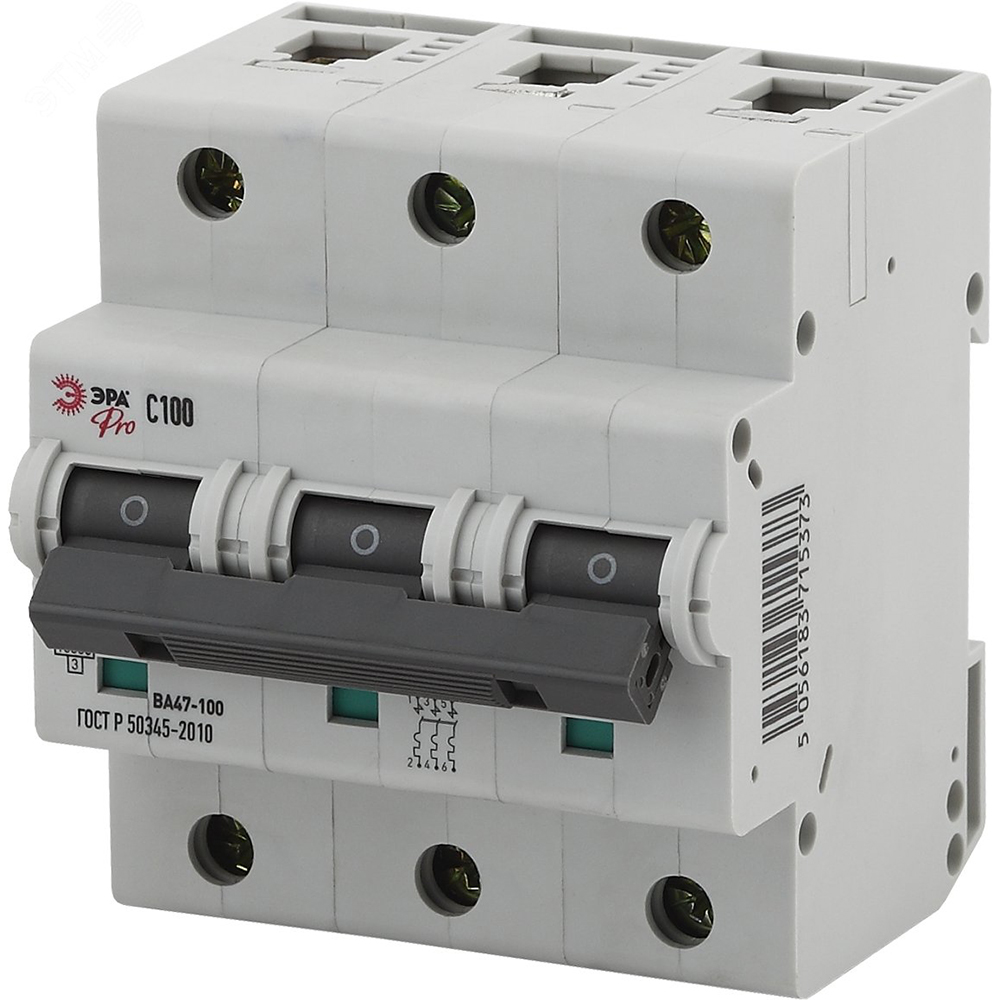Автоматический выключатель трехполюсный ЭРА PRO ВА47-100 3P (D) 63 А, сила тока 63 А, отключающая способность 10 kА, тип расцепителя D