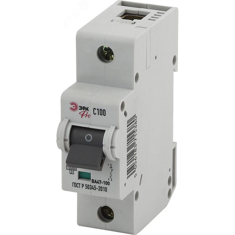 Автоматический выключатель однополюсный ЭРА PRO ВА47-100 1P (D) 100 А, сила тока 100 А, отключающая способность 10 kА, тип расцепителя D