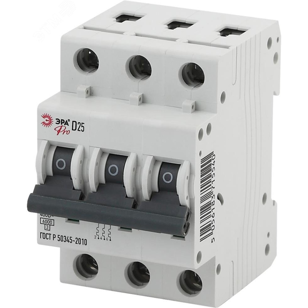 Автоматический выключатель трехполюсный ЭРА PRO ВА47-63 3P (D) 20 А, сила тока 20 А, отключающая способность 6 kА, тип расцепителя D