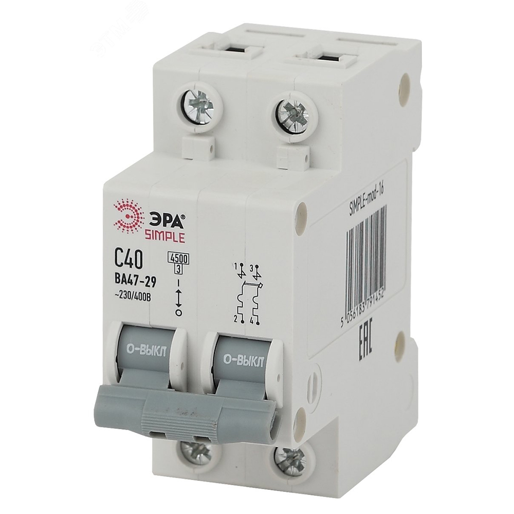 Автоматический выключатель переменного тока двухполюсный ЭРА SIMPLE ВА47-29 2P (C) 20 А, сила тока 20 А, отключающая способность 4,5 kА, тип расцепителя C