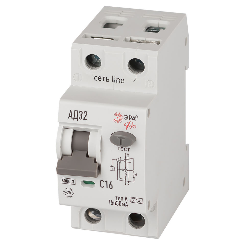 Автоматический выключатель дифференциального тока двухполюсный ЭРА АД-32 1P+N 16 A (C) 30 мА (A), 6кА, электронный, ток утечки 30 мА, переменный, сила тока 16 A