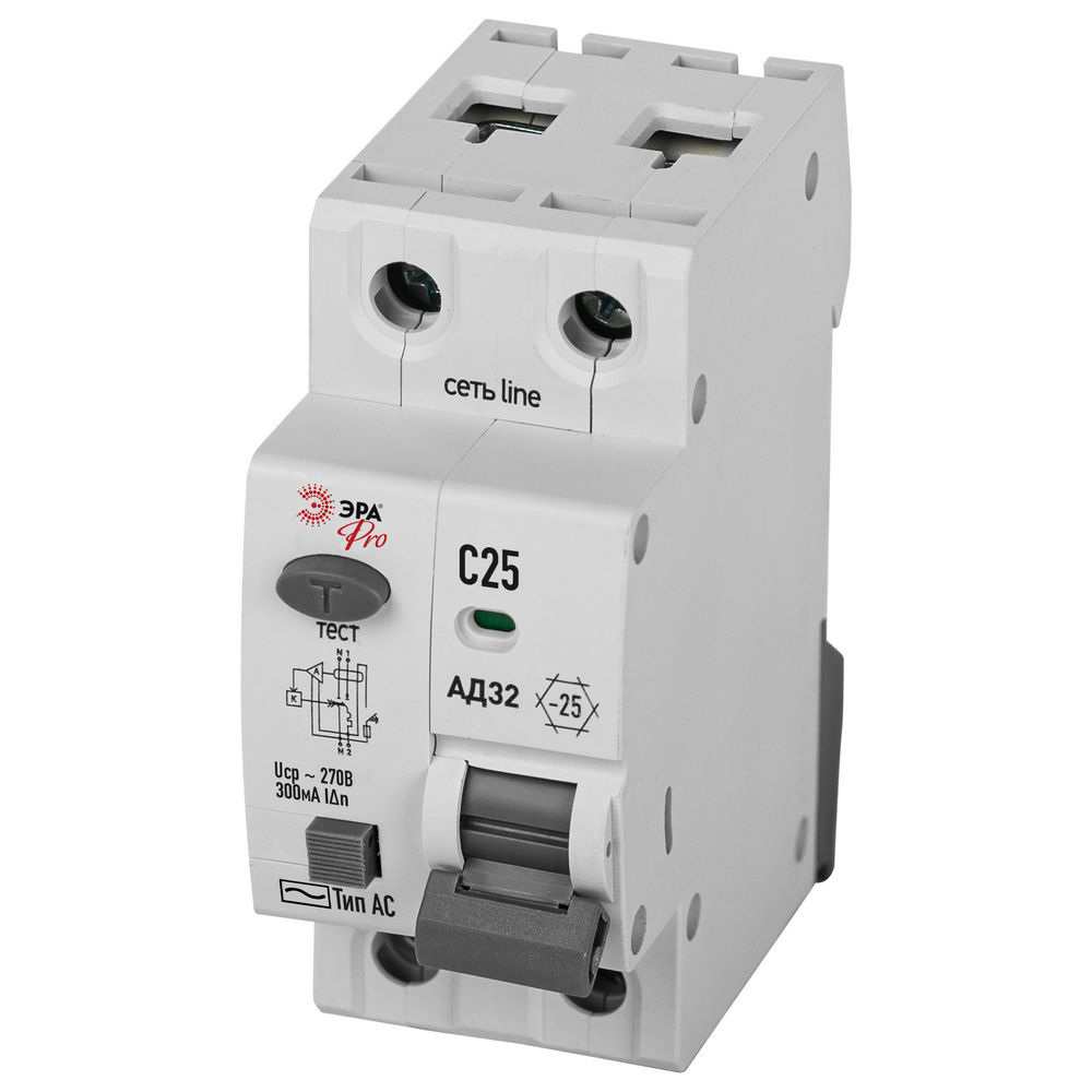 Автоматический выключатель дифференциального тока двухполюсный ЭРА АД-32 1P+N 25 A (C) 300 мА (AC), 4,5кА, электронный, ток утечки 300 мА, переменный, сила тока 25 A, защита 230В