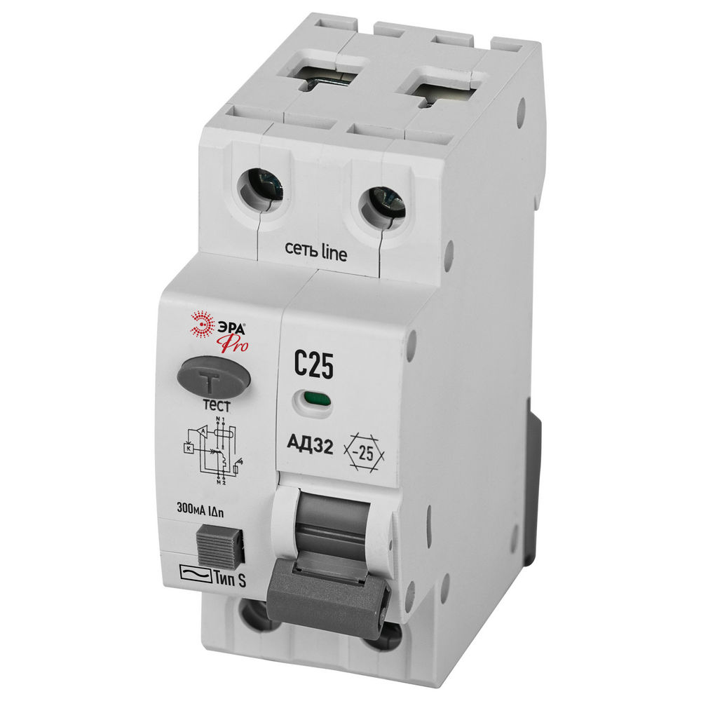 Автоматический выключатель дифференциального тока двухполюсный ЭРА АД-32 1P+N 25 A (C) 300 мА (S), 4,5кА, электронный, ток утечки 300 мА, переменный, сила тока 25 A
